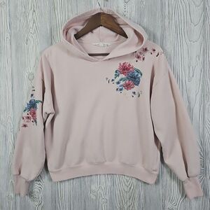 Hippie Laundry Hoodie Women's Medium Pink Embroidered Floral Boho Pullover Cozy
